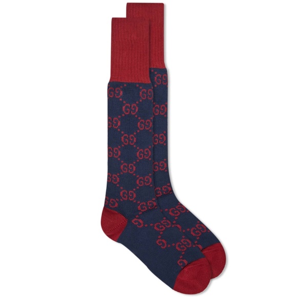 size M Gucci GG Logo  Cotton Blend Long Socks Navy Red - Picture 1 of 6